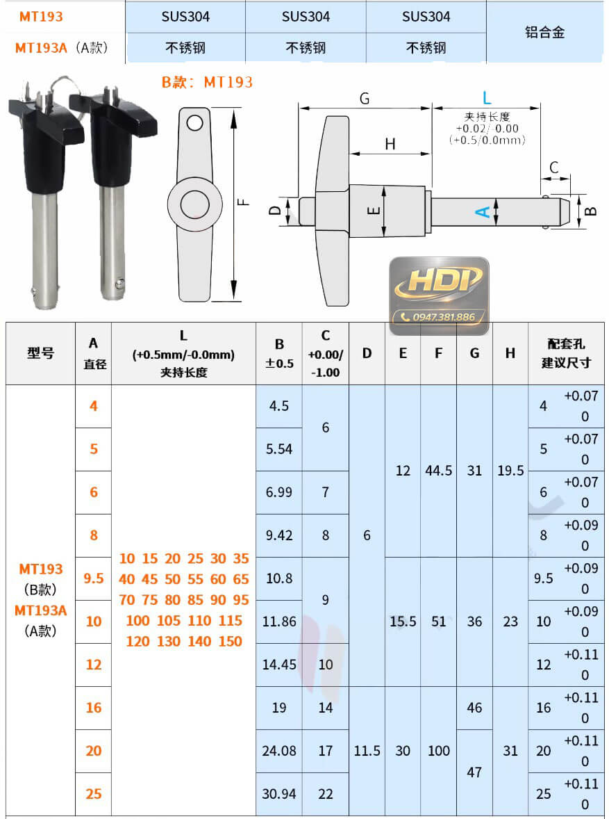 chốt rút nhanh inox 304 tay chữ T