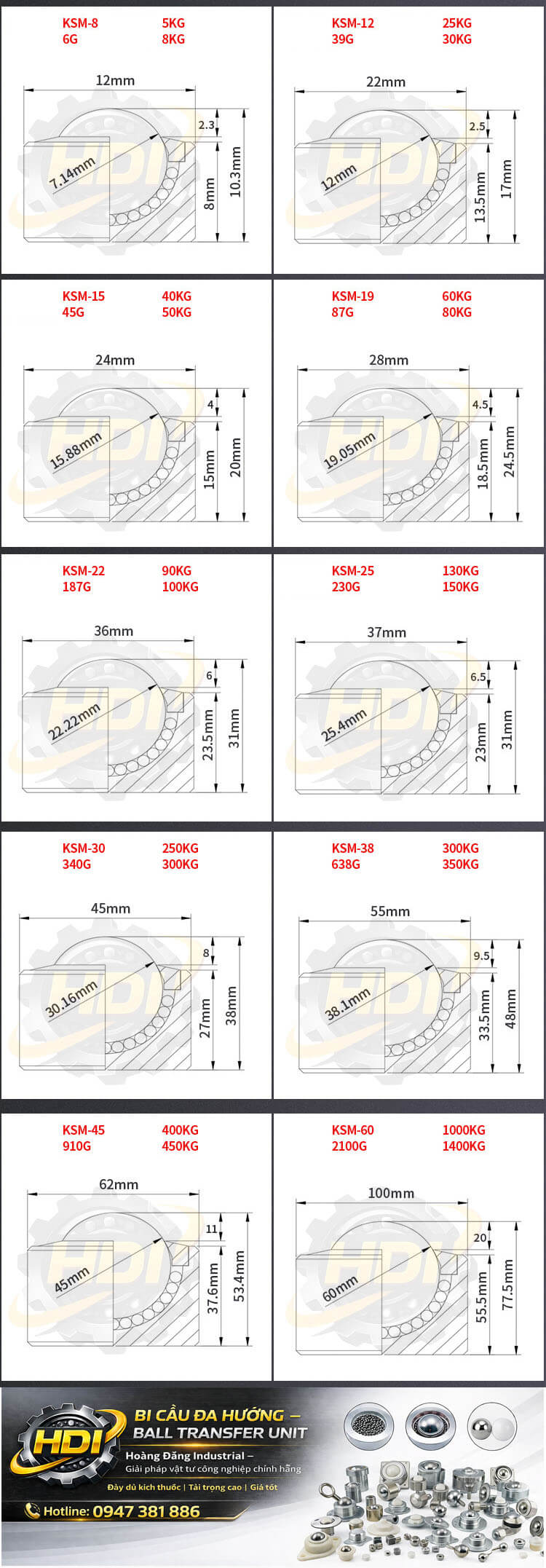 Bảng thông số kỹ thuật bi cầu đa hướng KSM