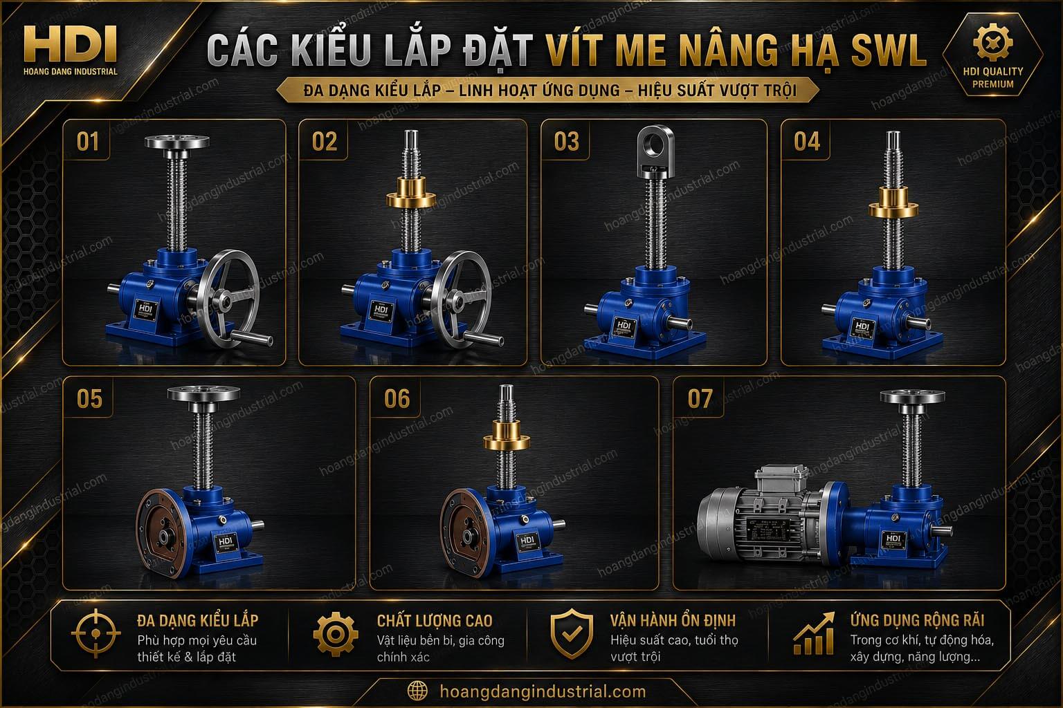 Các phương án lắp đặt kích vít me nâng hạ SWL
