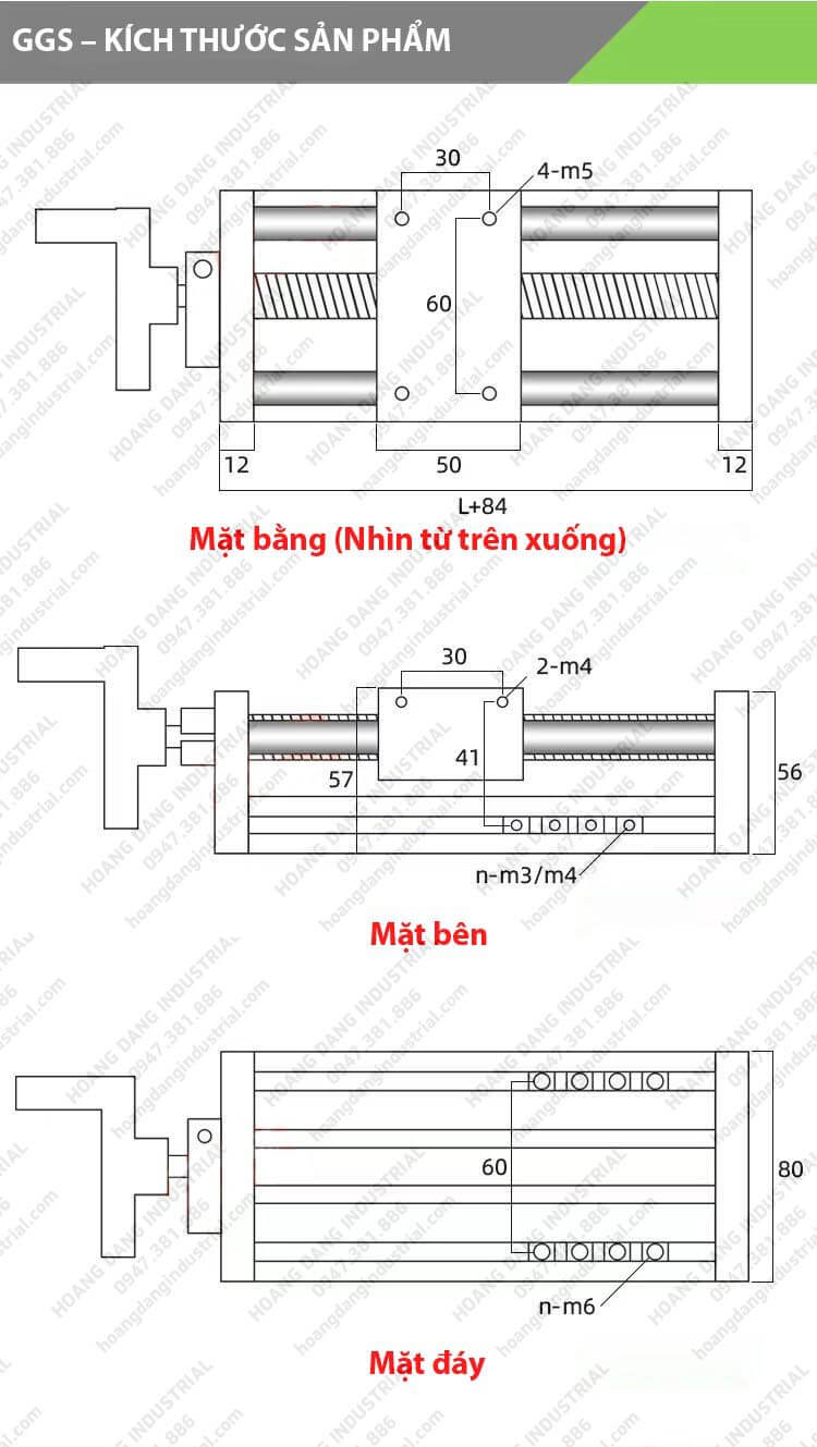 Bản vẽ kích thước bàn trượt tay quay GGS80 sử dụng vitme bi và trục quang dẫn hướng