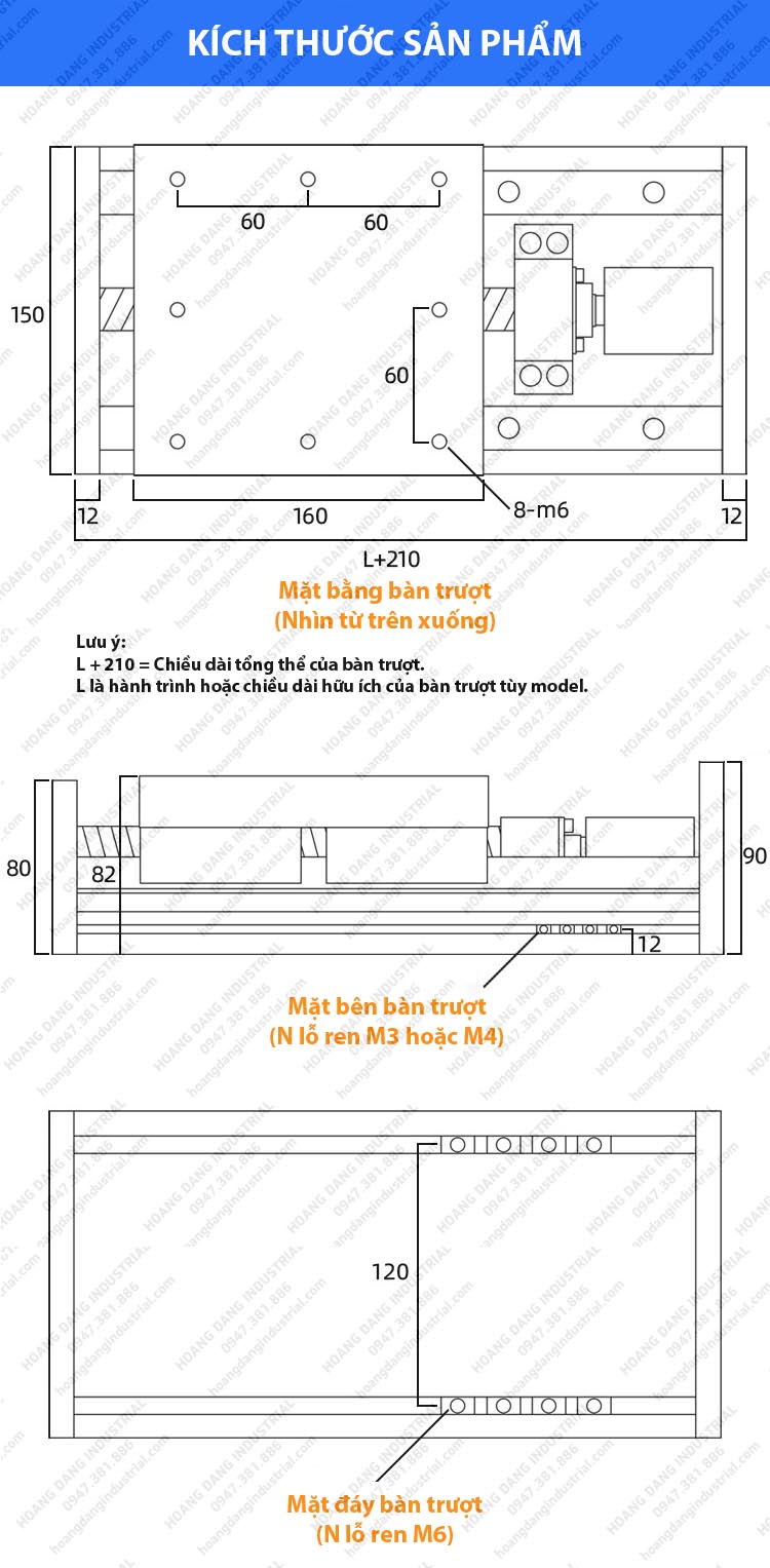 Bản vẽ kích thước bàn trượt tải nặng KGX150 hành trình tùy chỉnh đến 2000mm