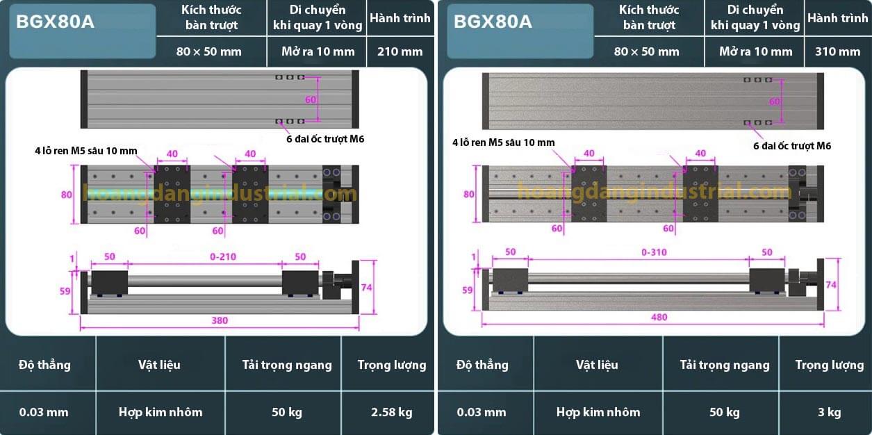 Thông số kỹ thuật bàn trượt tuyến tính đối hướng BGX80A