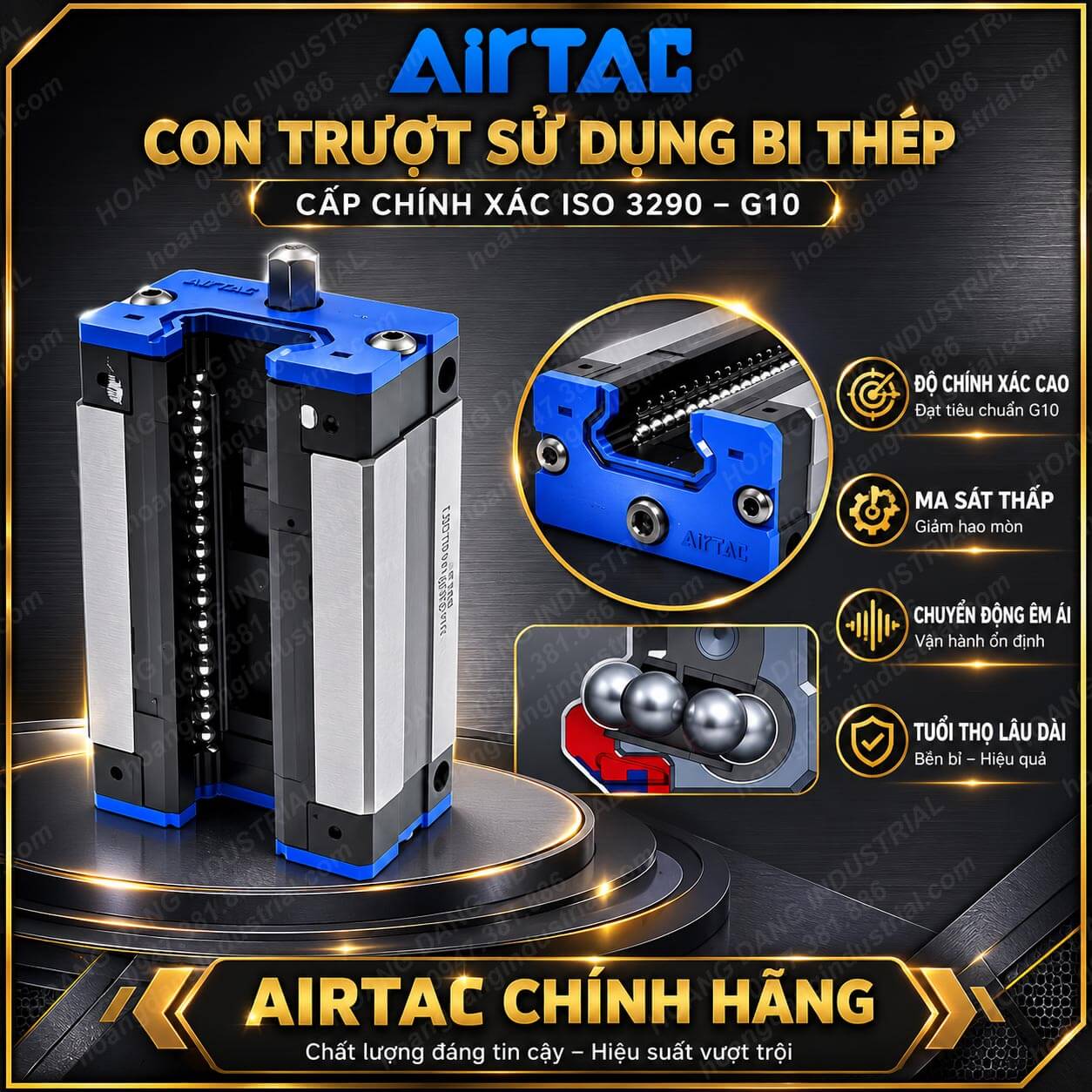 Con trượt Airtac sử dụng bi thép cấp chính xác ISO 3290 G10 giúp giảm ma sát và tăng tuổi thọ.