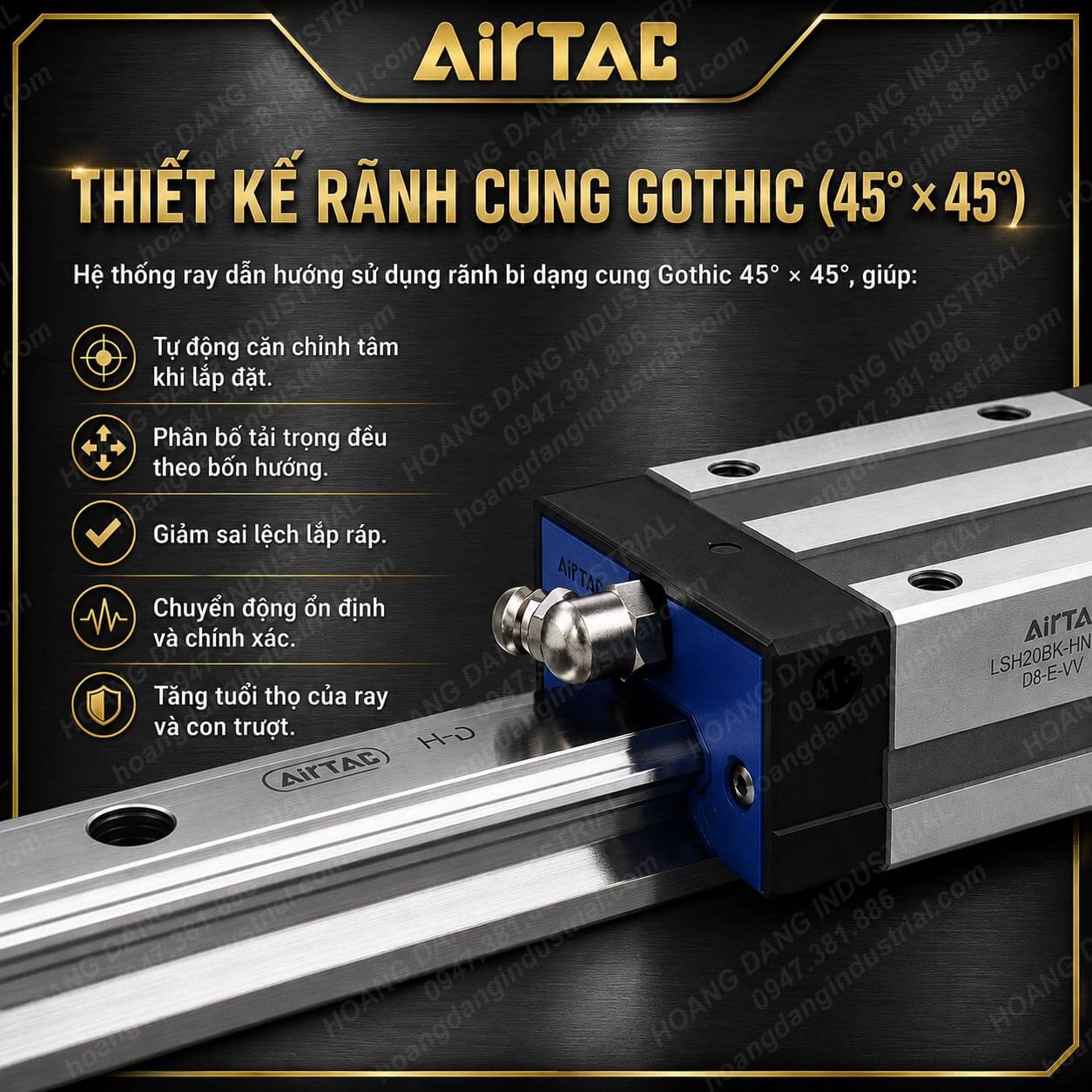 Thiết kế rãnh bi Gothic 45 độ của ray trượt Airtac giúp phân bố tải đều và tăng độ chính xác.