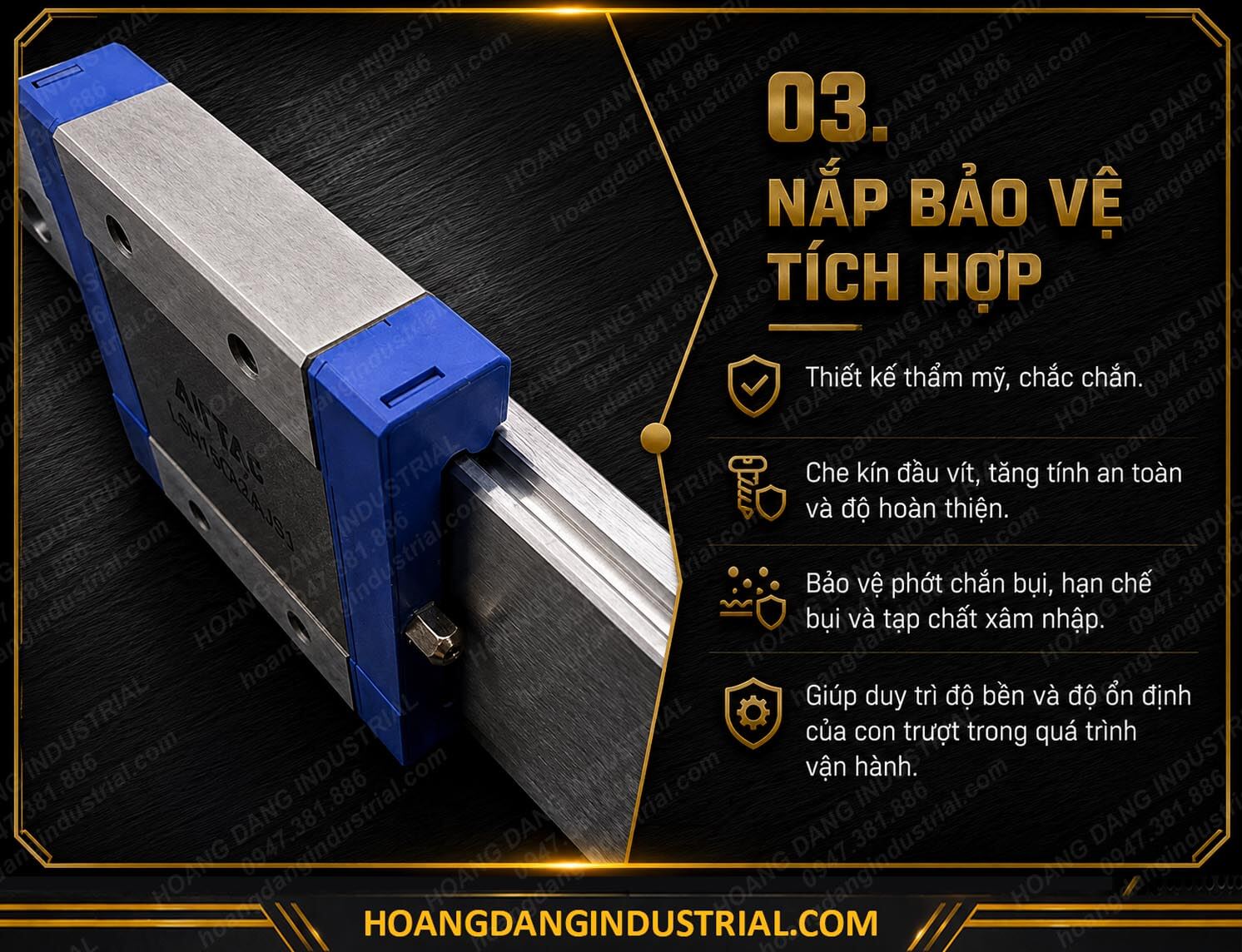 Nắp đầu bảo vệ tích hợp trên con trượt Airtac giúp hạn chế bụi và tăng độ ổn định khi vận hành.