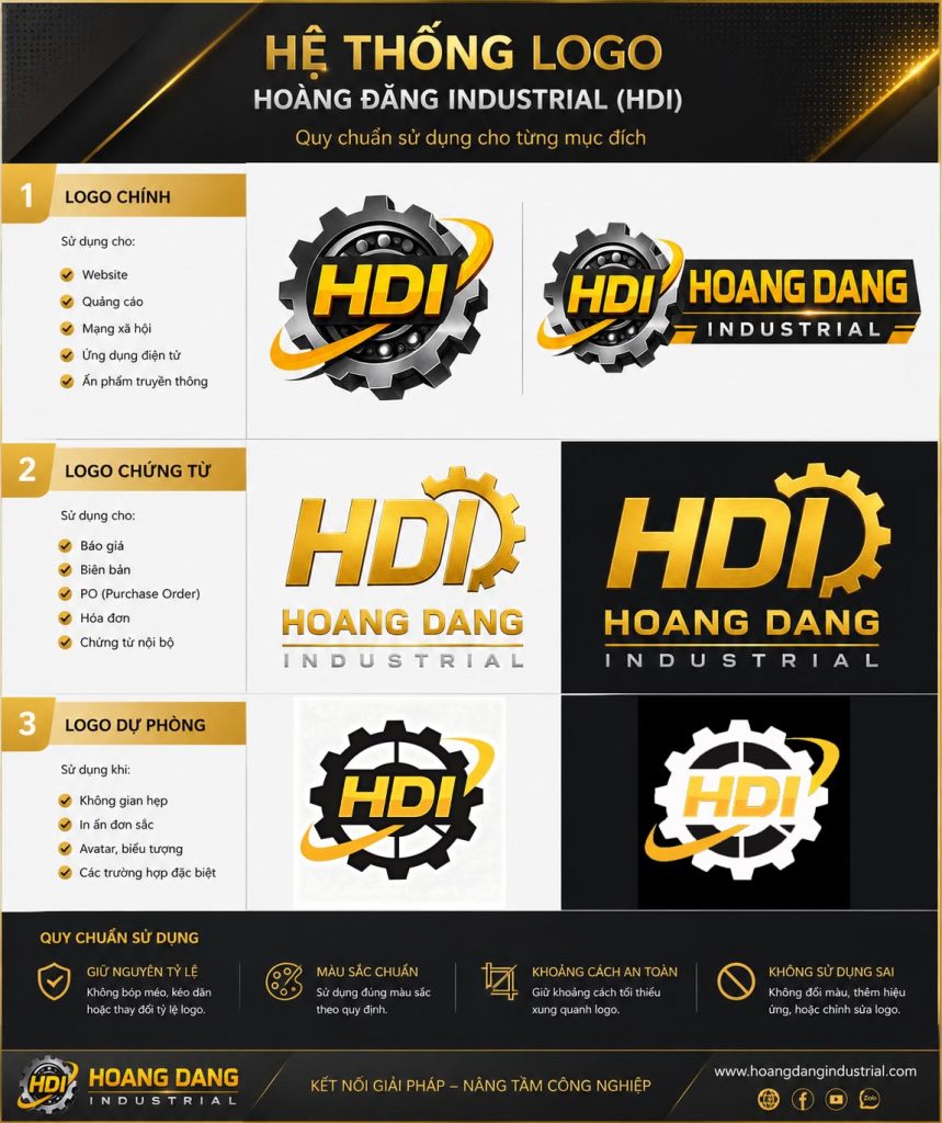 Giới thiệu HOÀNG ĐĂNG INDUSTRIAL Bộ nhận diện thương hiệu HOÀNG ĐĂNG INDUSTRIAL (HDI) gồm logo chính, logo chứng từ, logo dự phòng và quy chuẩn sử dụng trên website, báo giá, hợp đồng và tài liệu doanh nghiệp.