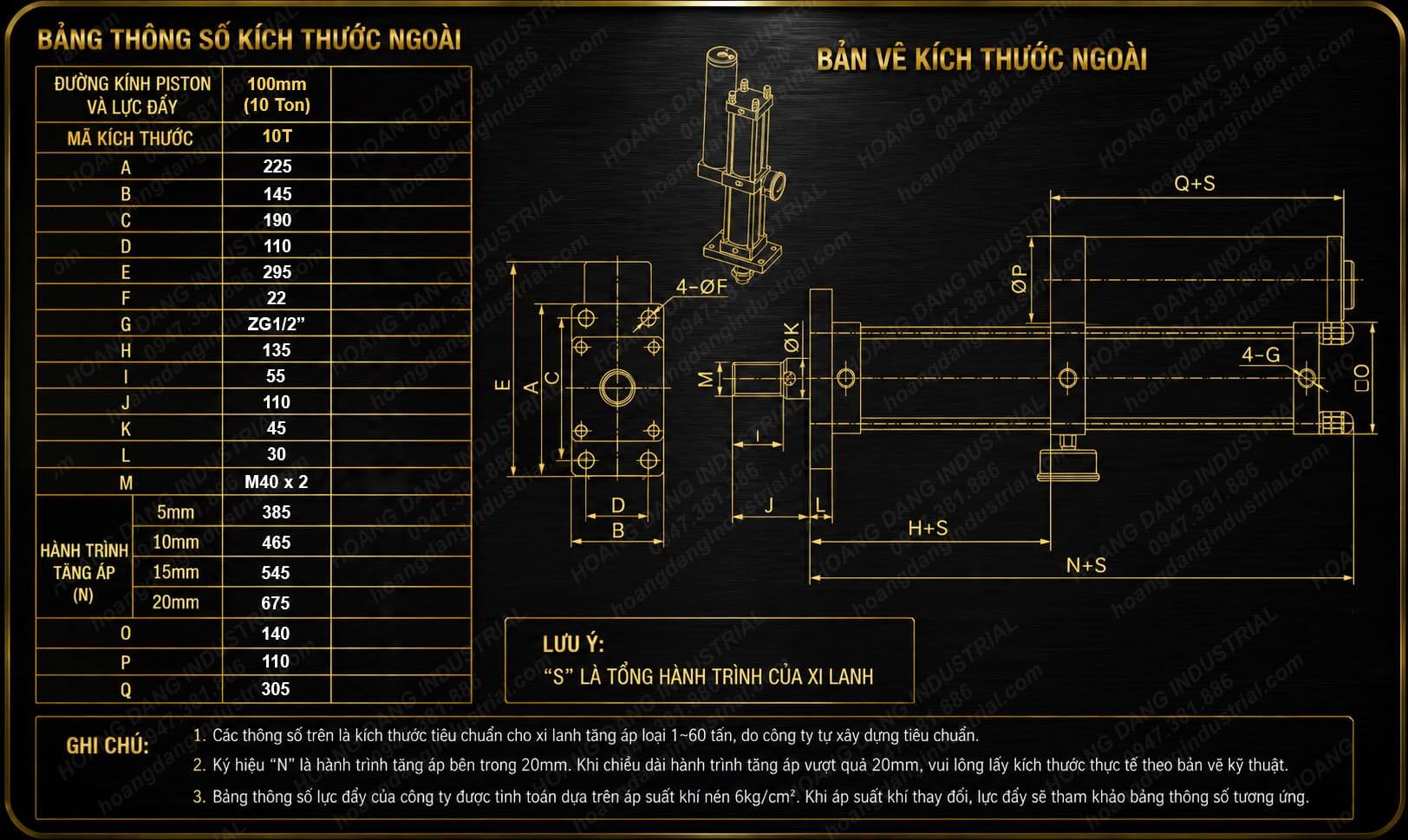 Bảng thông số xi lanh tăng áp MPT100 loại tiêu chuẩn 10 tấn