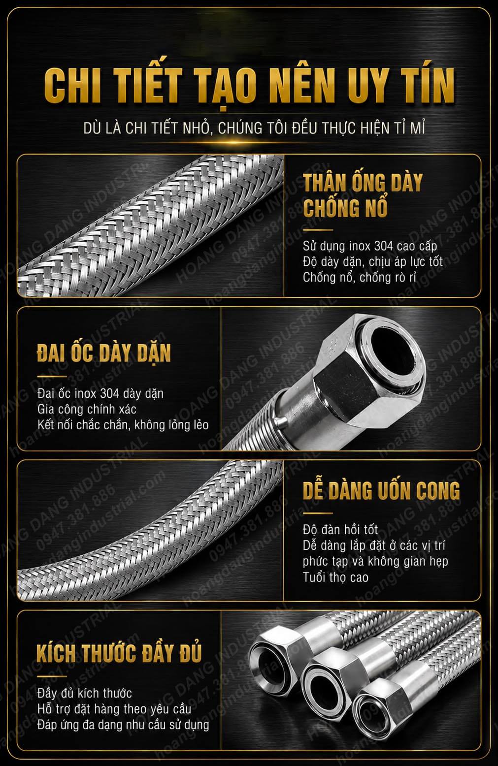 Chi tiết cấu tạo ống mềm inox gồm thân ống lưới đan và đầu nối