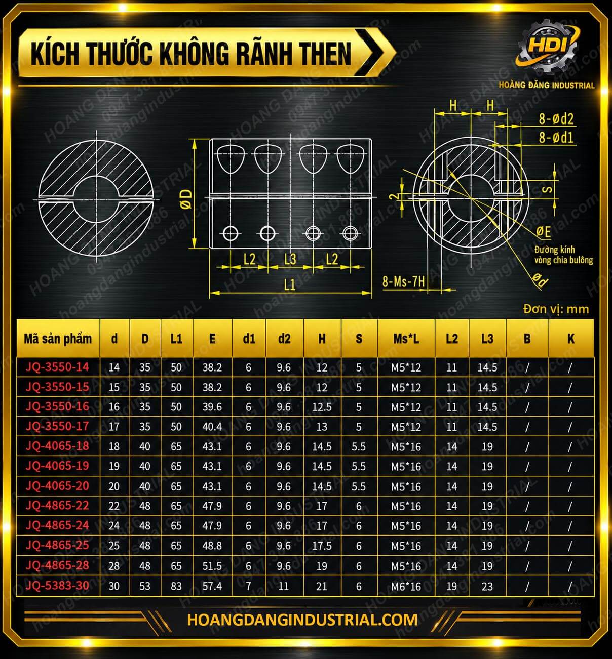 Bảng kích thước khớp nối cứng JQ không rãnh then từ đường kính trục 14 đến 30 mm