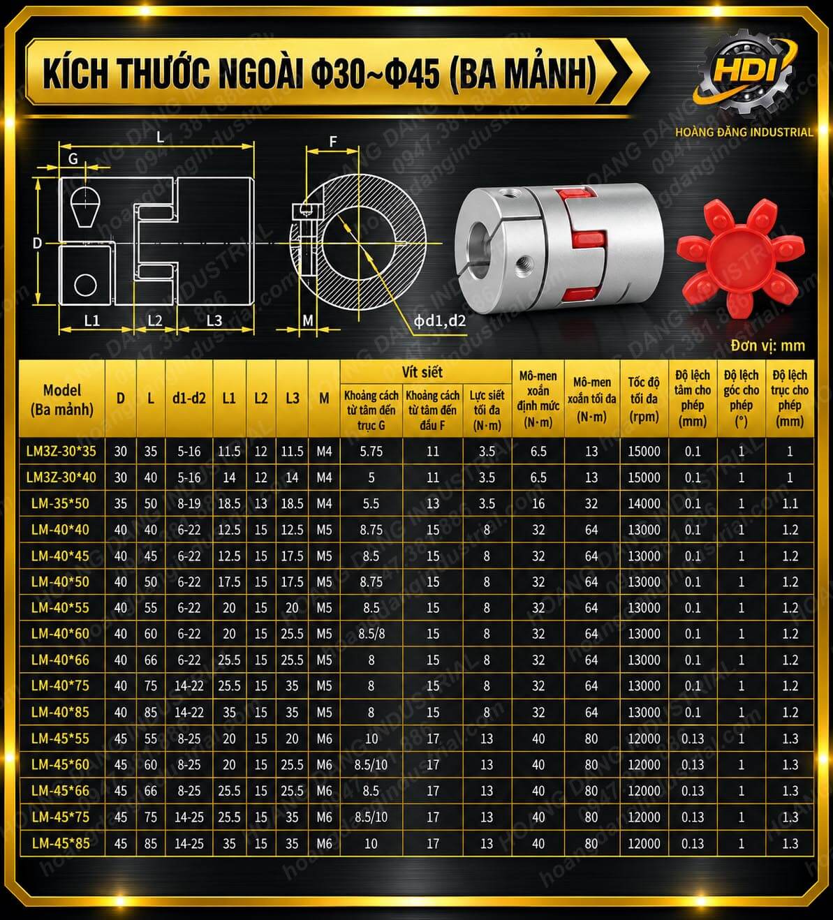 Bảng kích thước khớp nối Jaw LM ba mảnh từ LM-30 đến LM-45