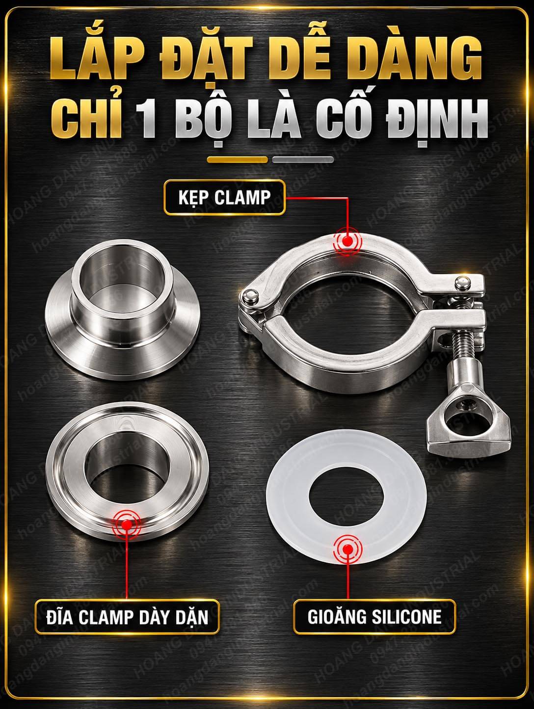 Cấu tạo Cùm Clamp inox 304 gồm cùm kẹp, đĩa Clamp và gioăng