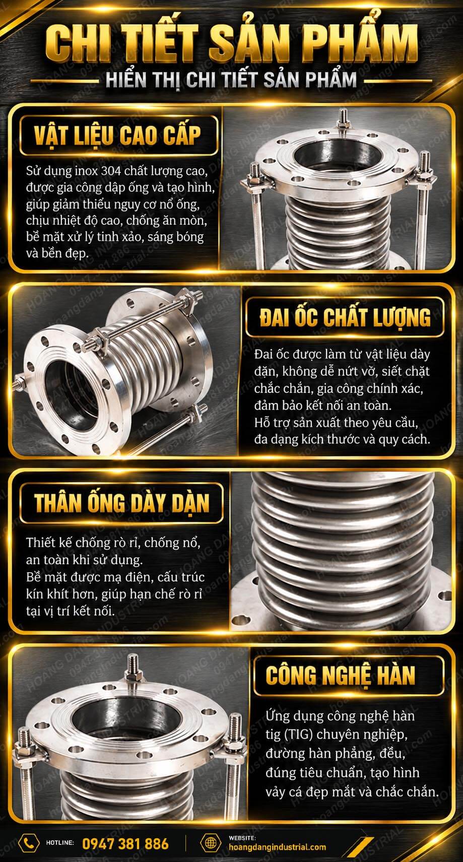 Cấu tạo khớp giãn nở inox có thanh giằng gồm mặt bích, thân ống bù và đai ốc