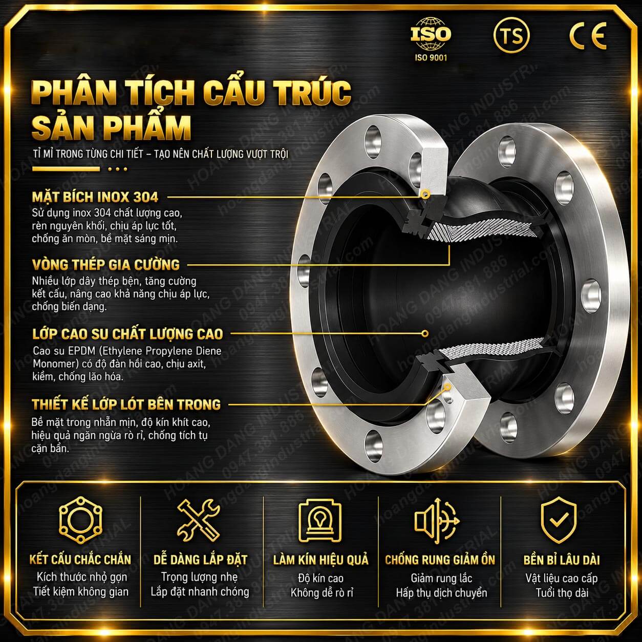 Cấu tạo khớp nối mềm cao su mặt bích gồm cao su EPDM lớp gia cường và mặt bích inox 304