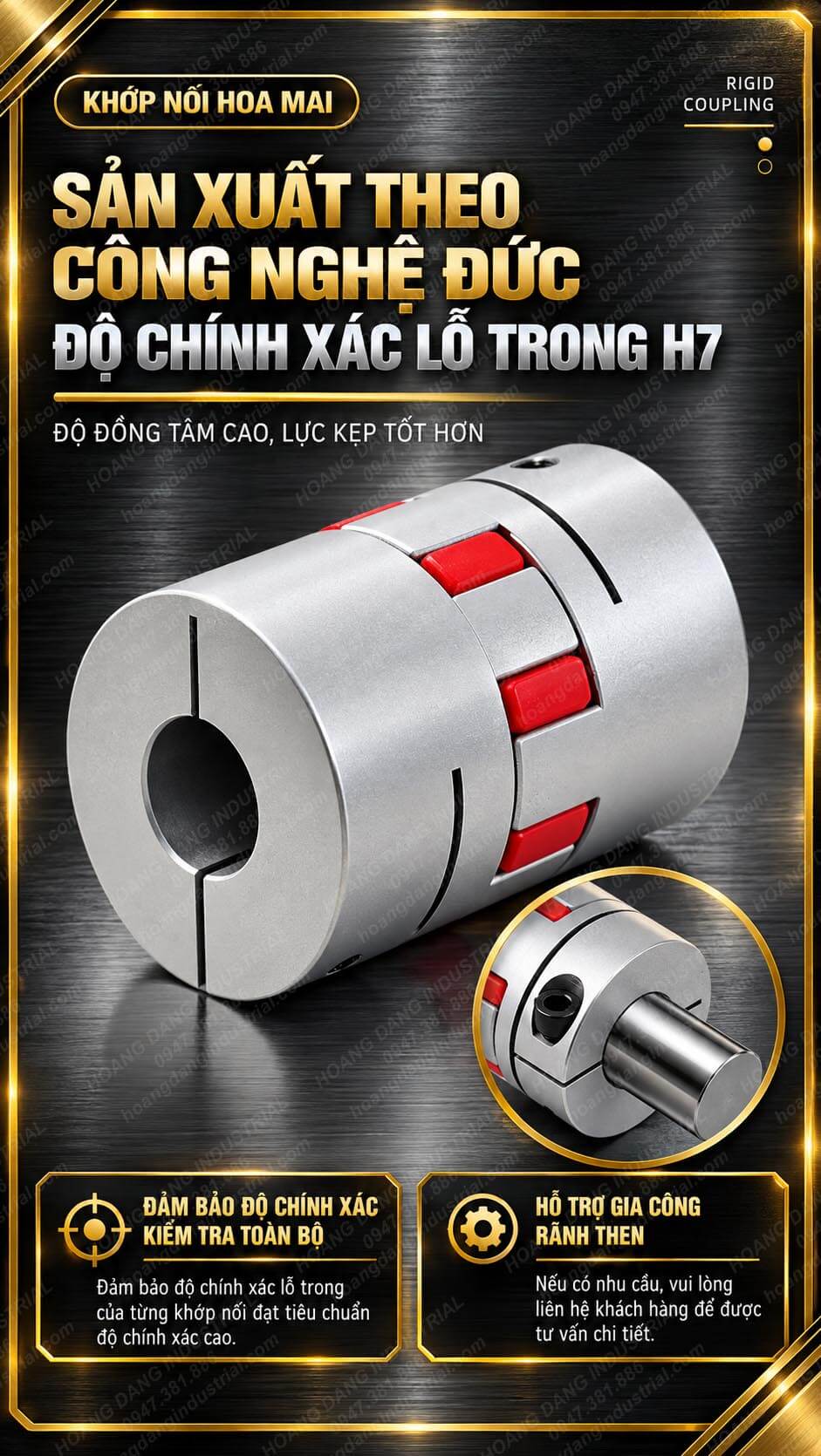 Khớp nối hoa mai LM gia công lỗ chính xác dung sai H7 và hỗ trợ rãnh then