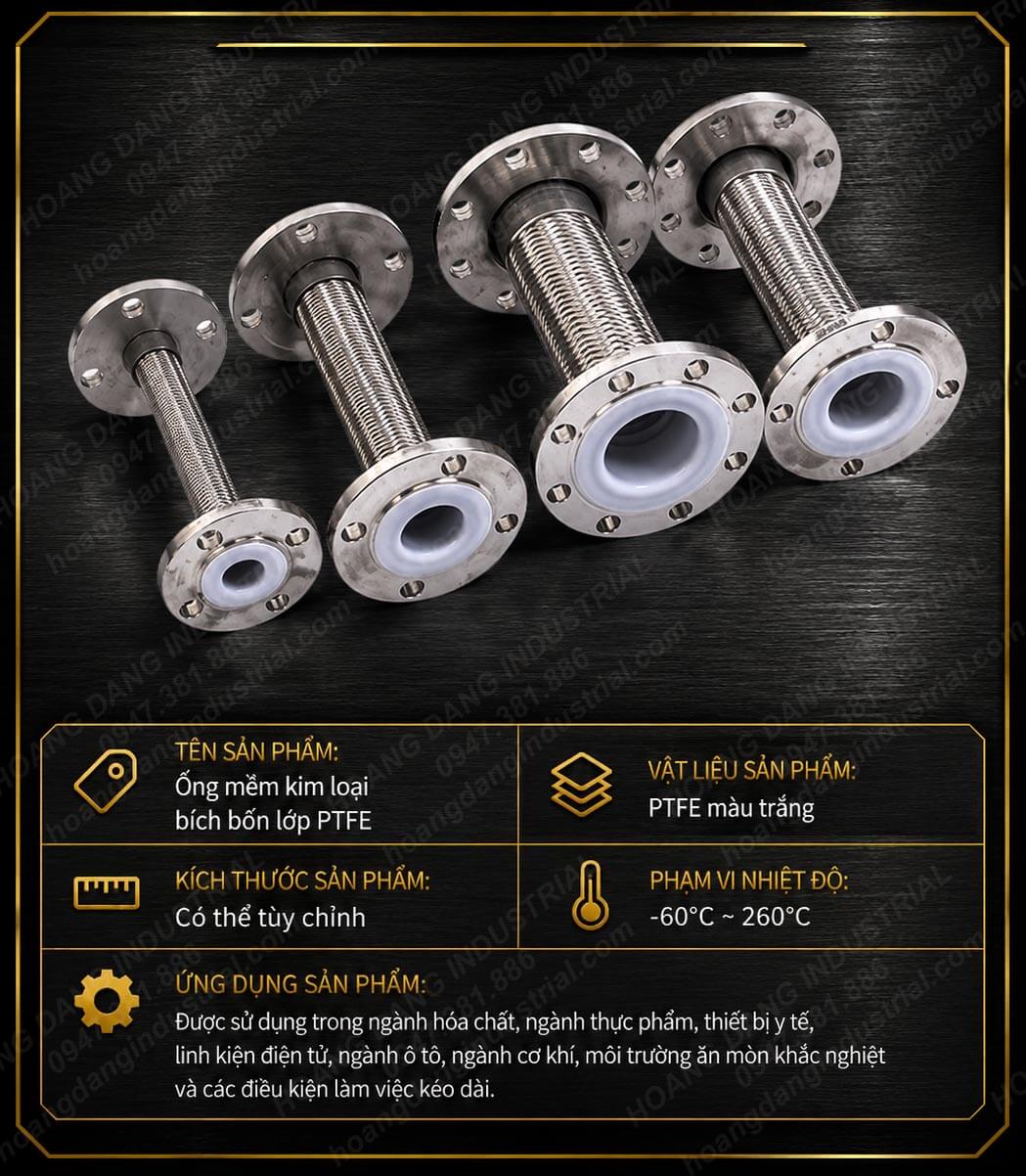Ống mềm inox lót PTFE nhiều kích thước và quy cách mặt bích