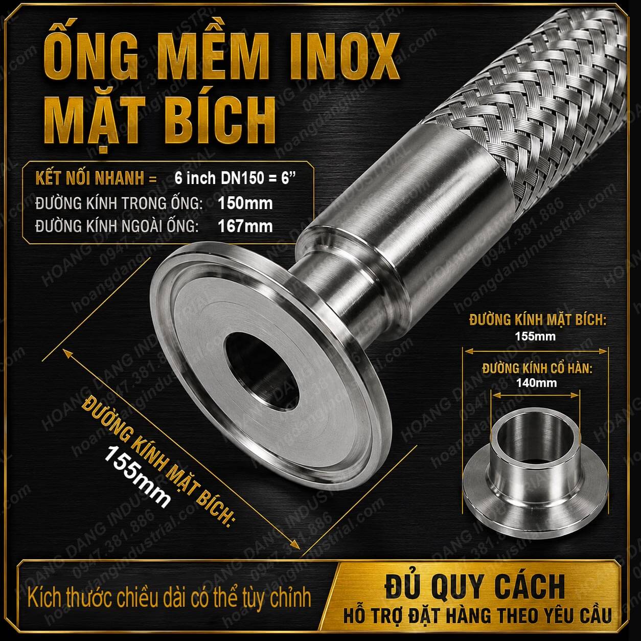 ống mềm inox 304 đầu nối mặt bích tháo lắp nhanh DN150