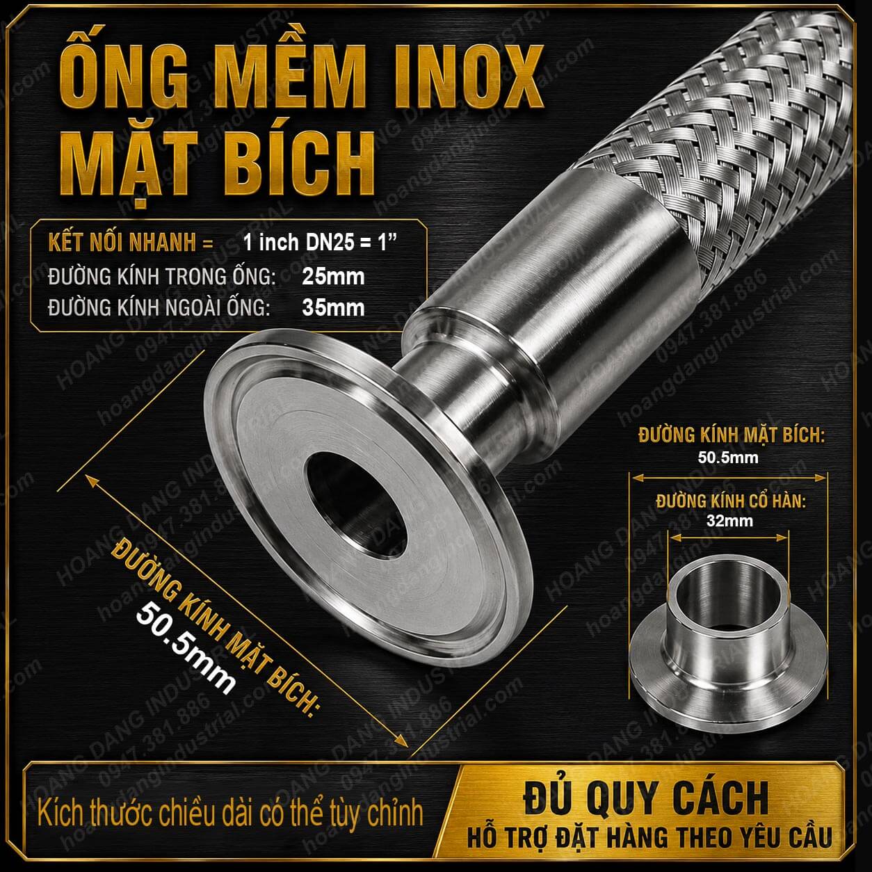 ống mềm inox 304 đầu nối mặt bích tháo lắp nhanh DN25