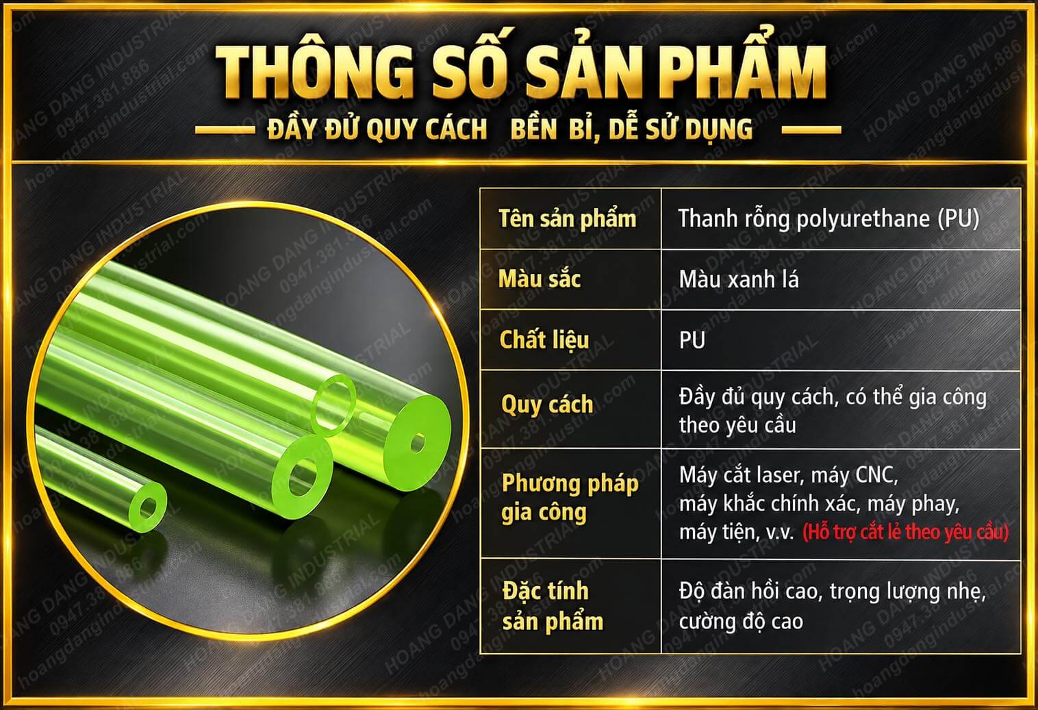 Ống polyurethane PU với thông số kỹ thuật và quy cách sản phẩm