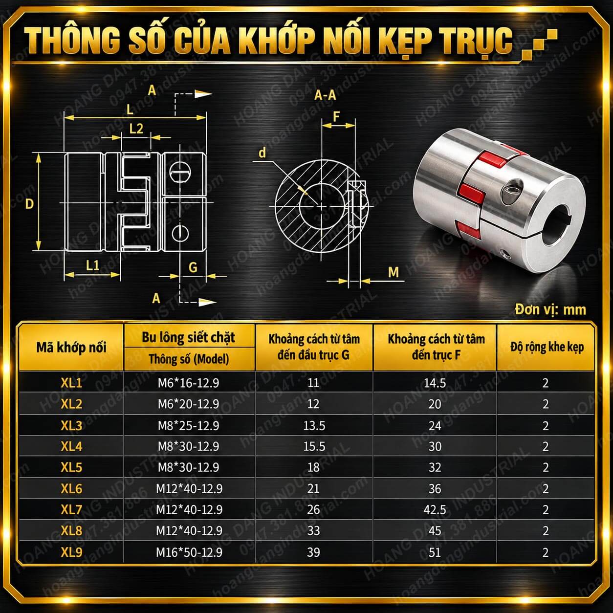 Thông số khớp nối XL inox 304 kiểu kẹp trục