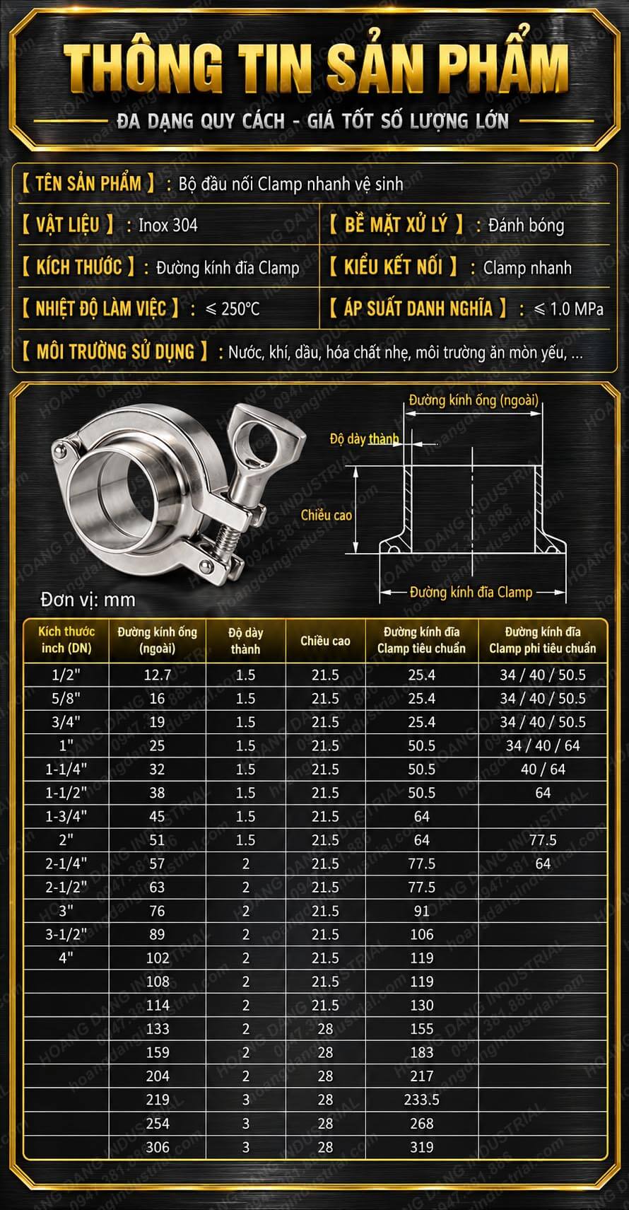 Thông số kích thước Cùm Clamp inox 304 và đường kính đĩa Clamp