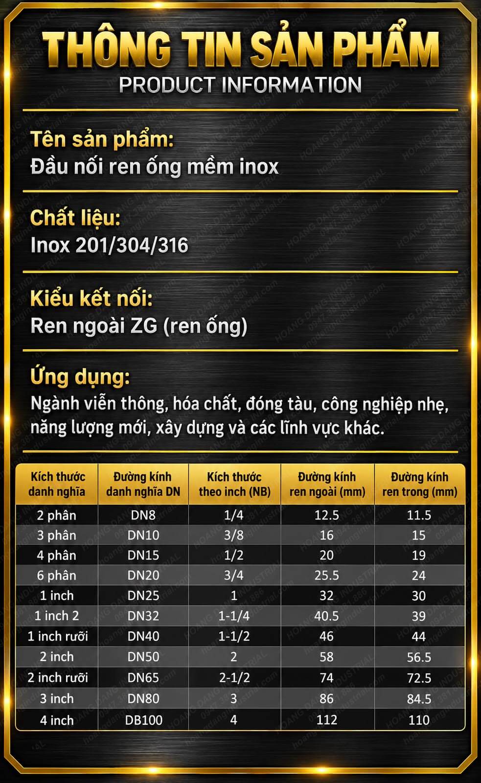 Thông số kỹ thuật kép côn inox DN8 đến DN100