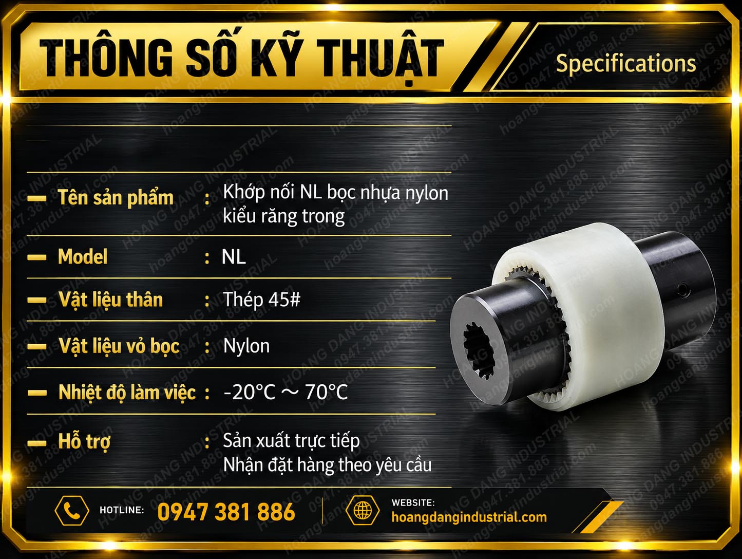 Thông số kỹ thuật khớp nối răng nylon NL vật liệu thép 45# và vỏ nylon
