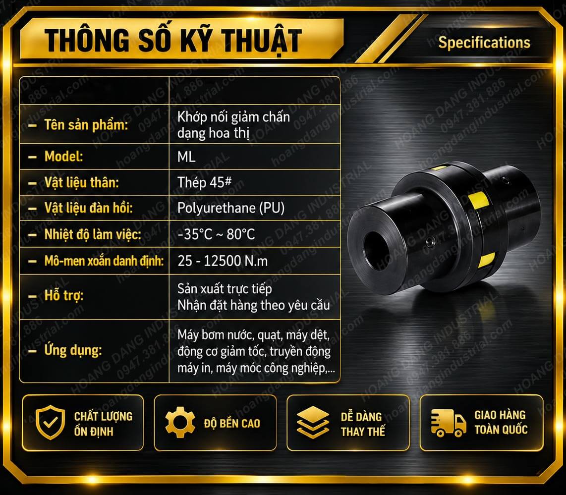 Thông số kỹ thuật khớp nối trục hoa thị ML bằng thép 45# và PU