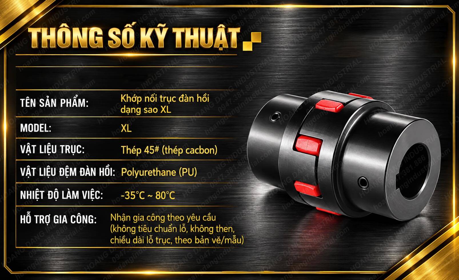 Thông số kỹ thuật khớp nối trục XL vật liệu thép 45 và đệm đàn hồi polyurethane