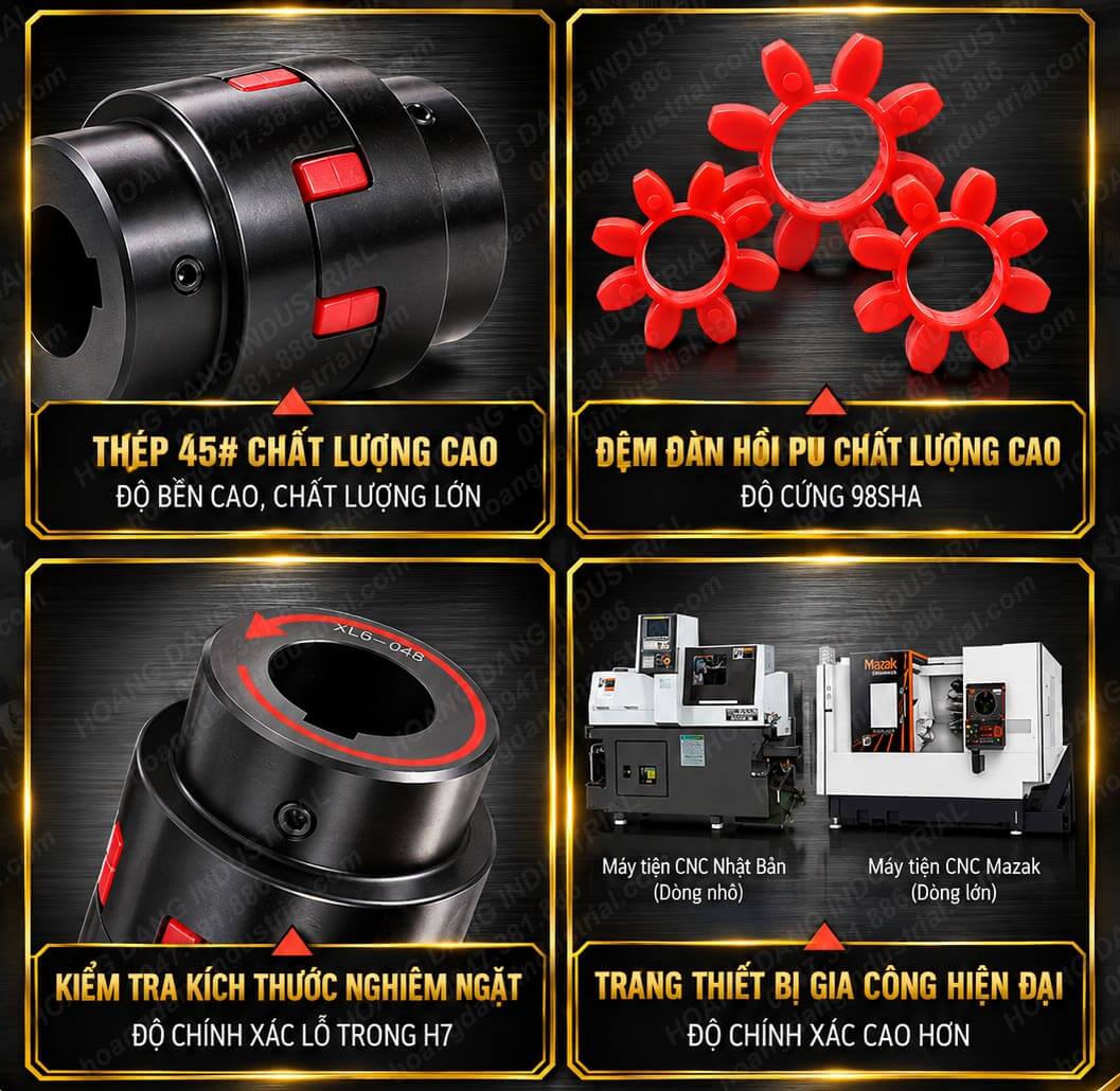 Ưu điểm khớp nối trục XL với thép 45 độ bền cao và đệm đàn hồi PU 98 Shore A