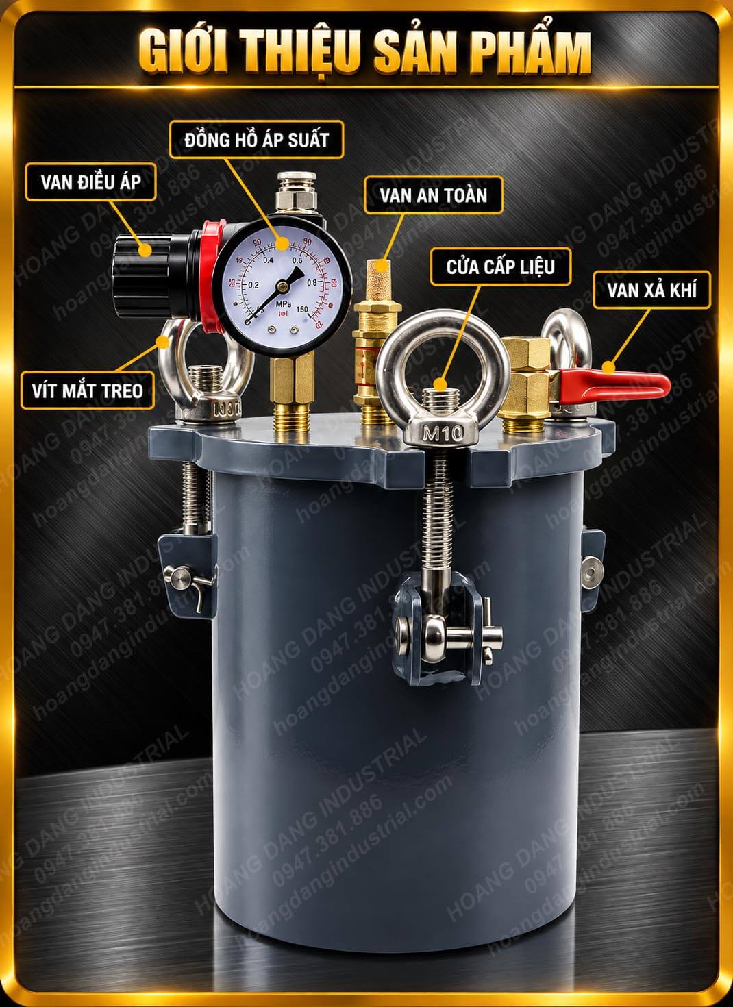 Cấu tạo bình cấp keo bằng khí nén gồm đồng hồ áp suất, van điều áp, van an toàn và cửa cấp liệu