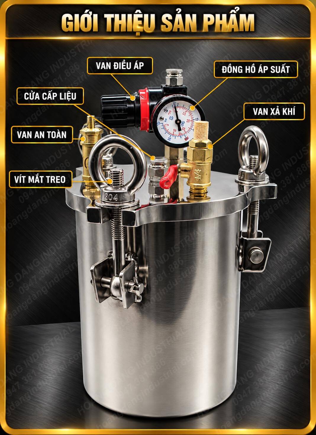 Cấu tạo thùng áp suất phân phối keo inox 304 với đồng hồ áp suất, van điều áp, van an toàn và nắp khóa