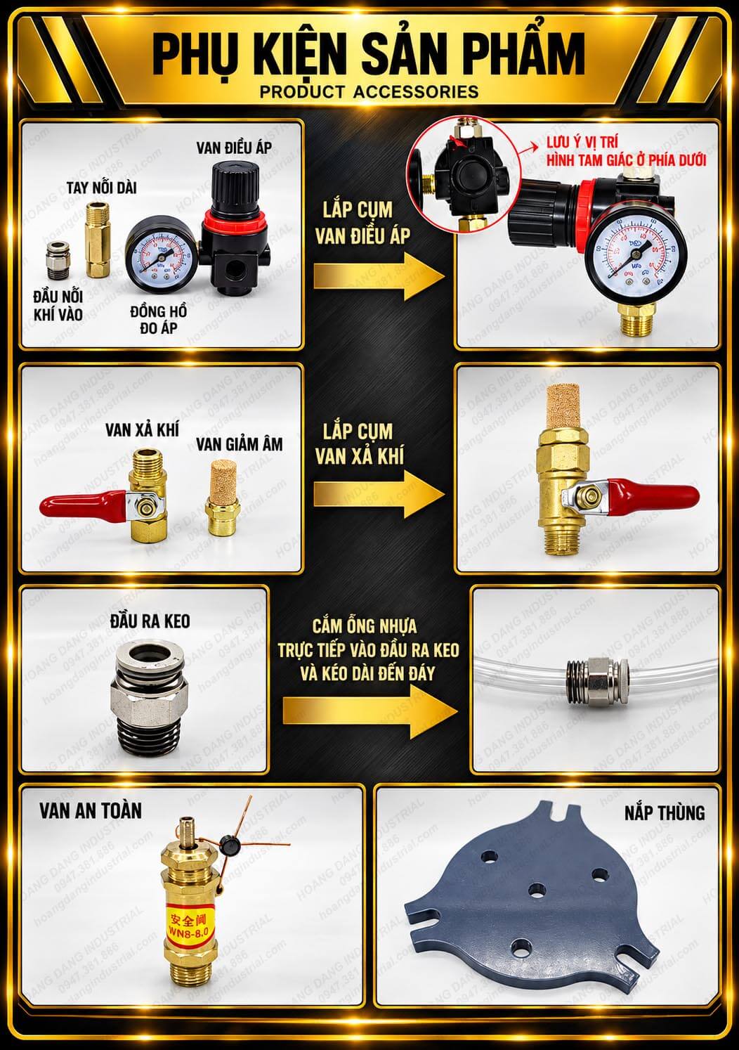 Phụ kiện bình cấp keo bằng khí nén gồm van điều áp, đồng hồ áp suất, van xả khí và đầu nối