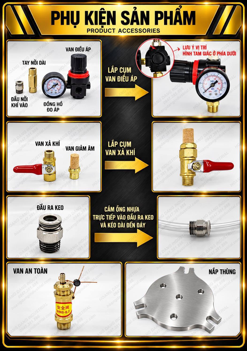 Phụ kiện thùng áp suất phân phối keo gồm van điều áp, đồng hồ áp suất, van an toàn và đầu nối