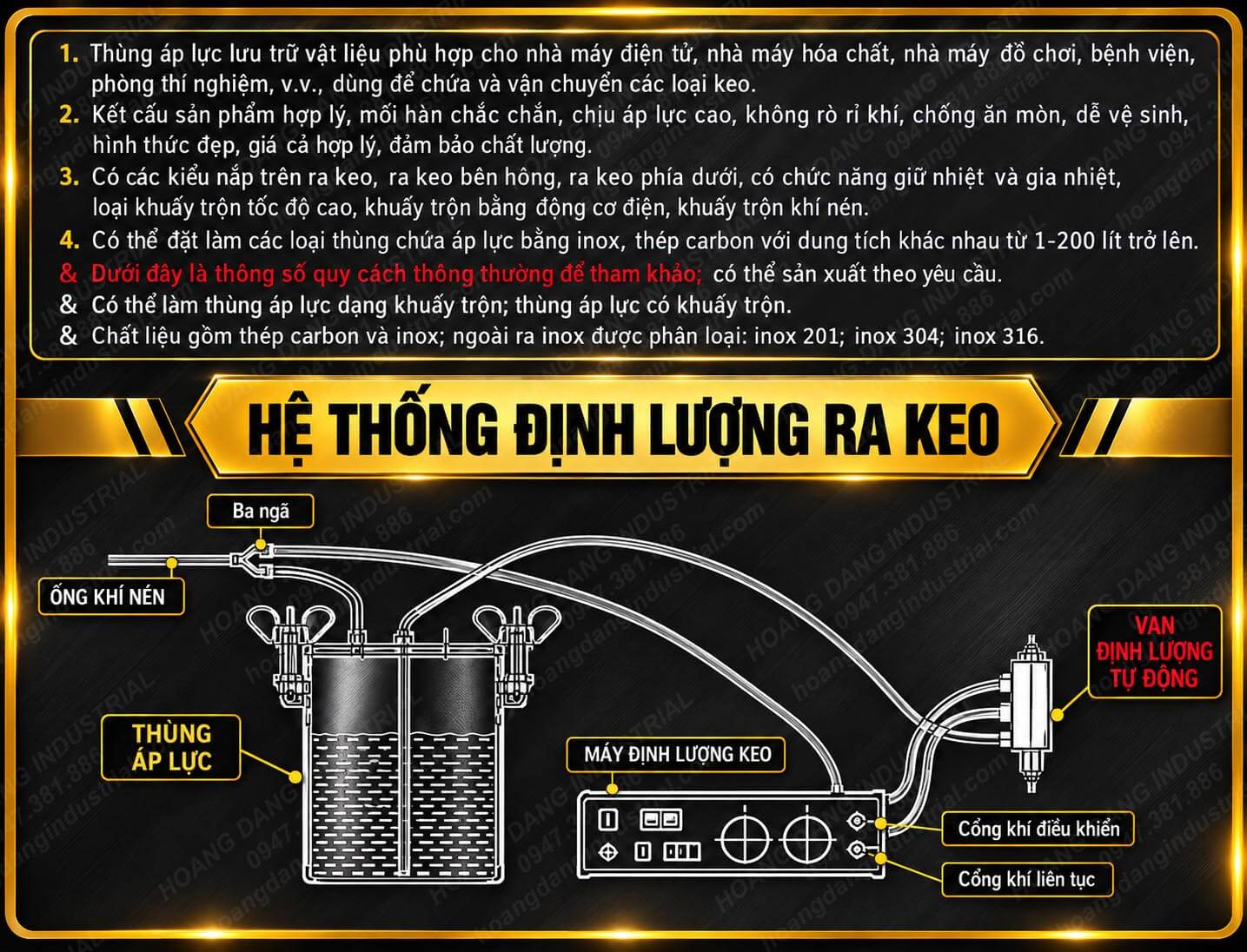 Sơ đồ hệ thống định lượng keo bằng khí nén sử dụng thùng áp lực và van định lượng