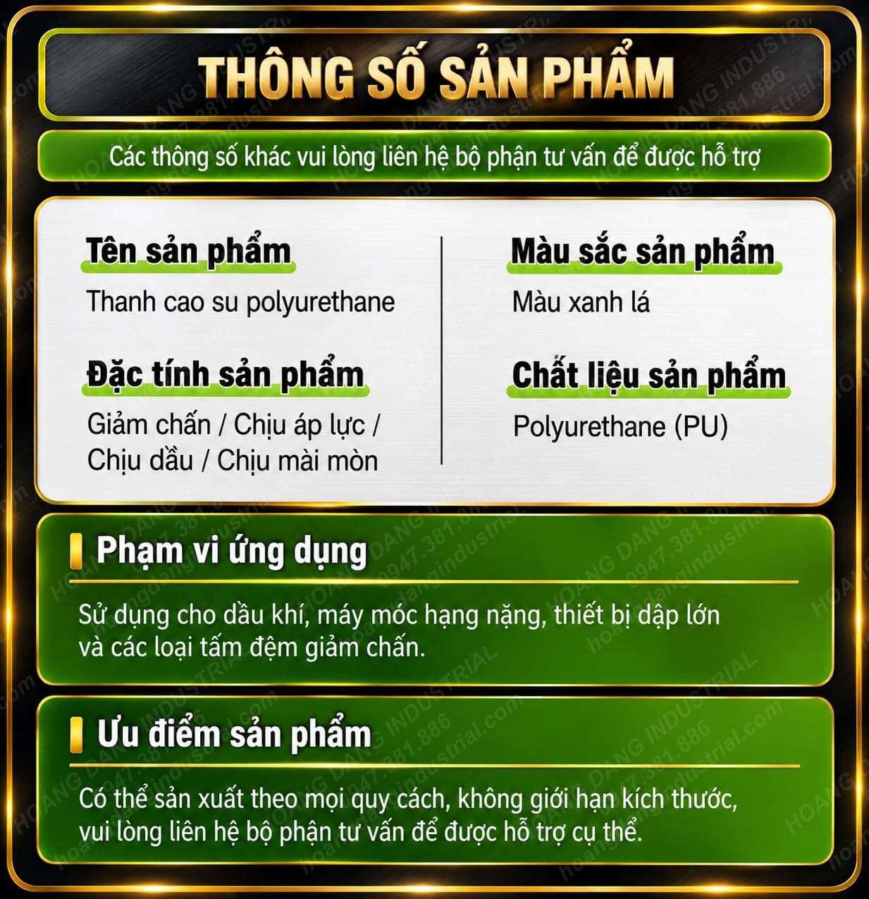 Thông số sản phẩm thanh cao su polyurethane
