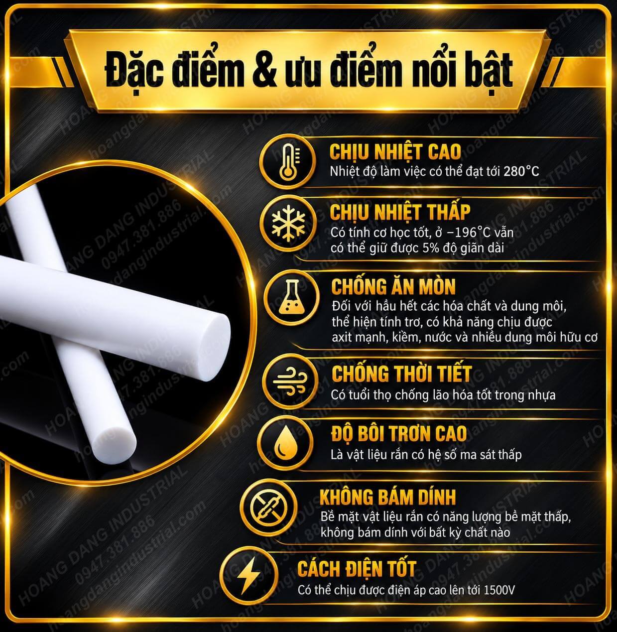Đặc tính thanh PTFE Teflon: chịu nhiệt, chống ăn mòn, ma sát thấp và cách điện