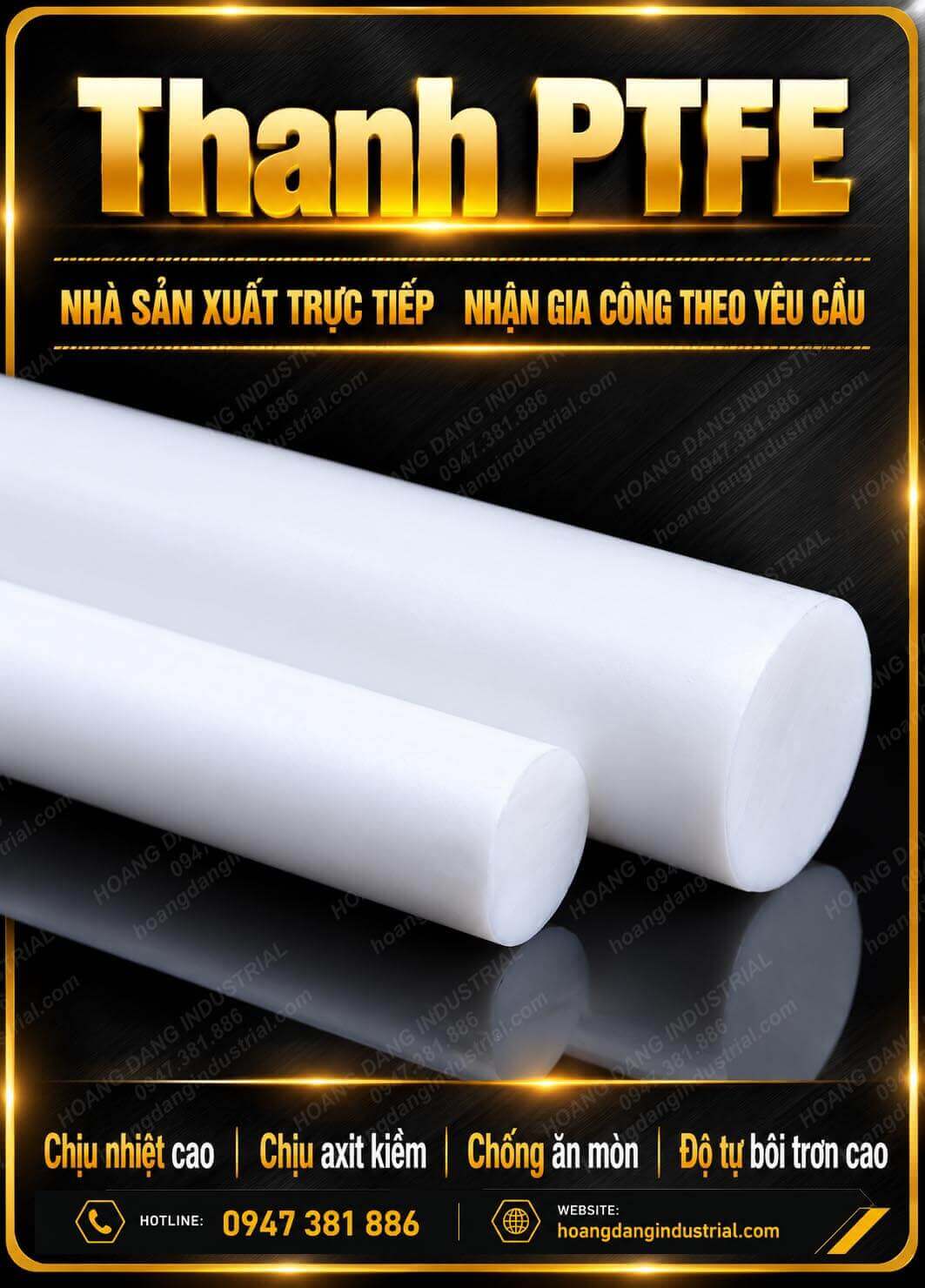 Thanh PTFE Teflon gia công theo yêu cầu, dùng làm chi tiết kỹ thuật công nghiệp
