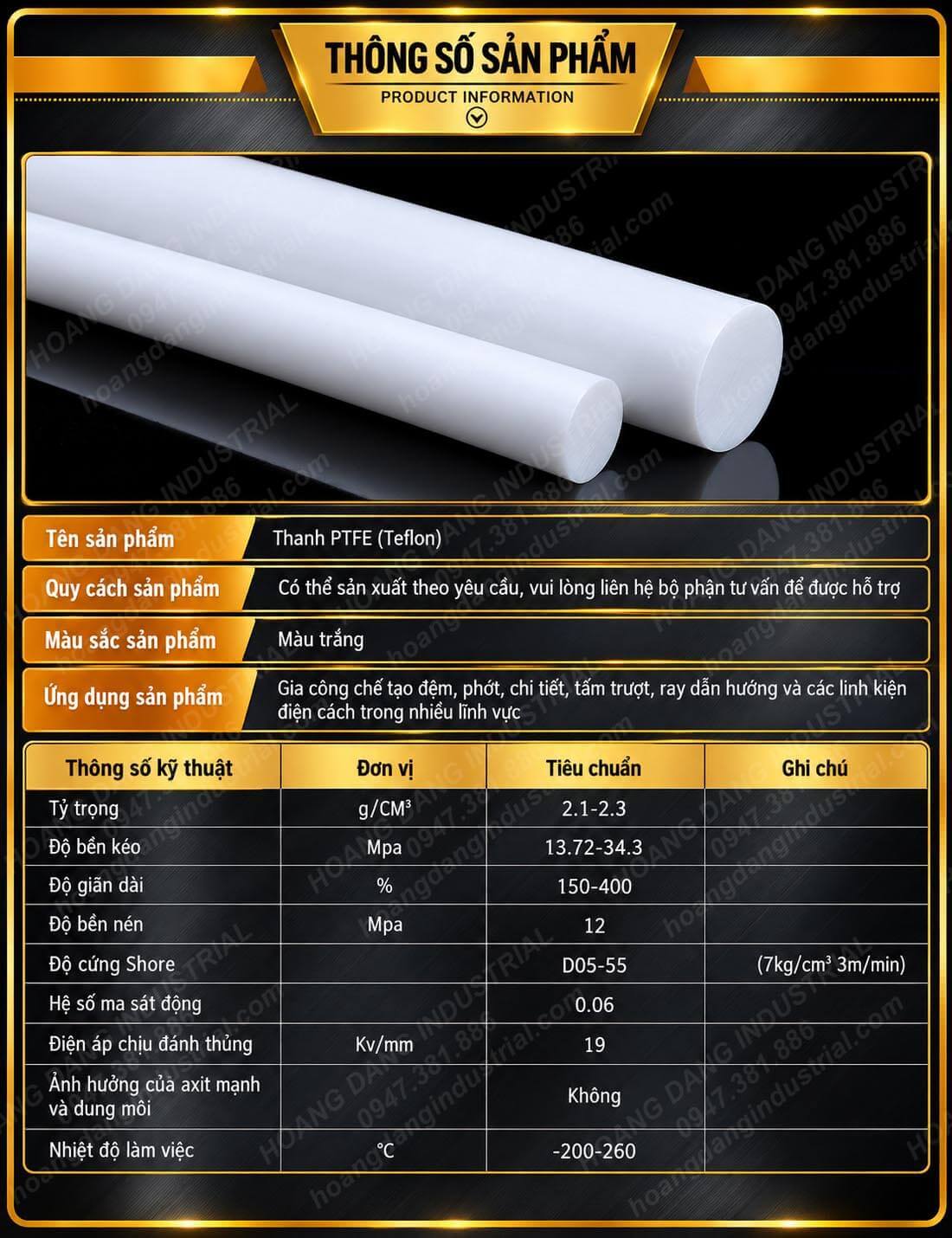 Thông số kỹ thuật thanh nhựa Teflon PTFE: tỷ trọng, độ bền, độ giãn dài và nhiệt độ làm việc