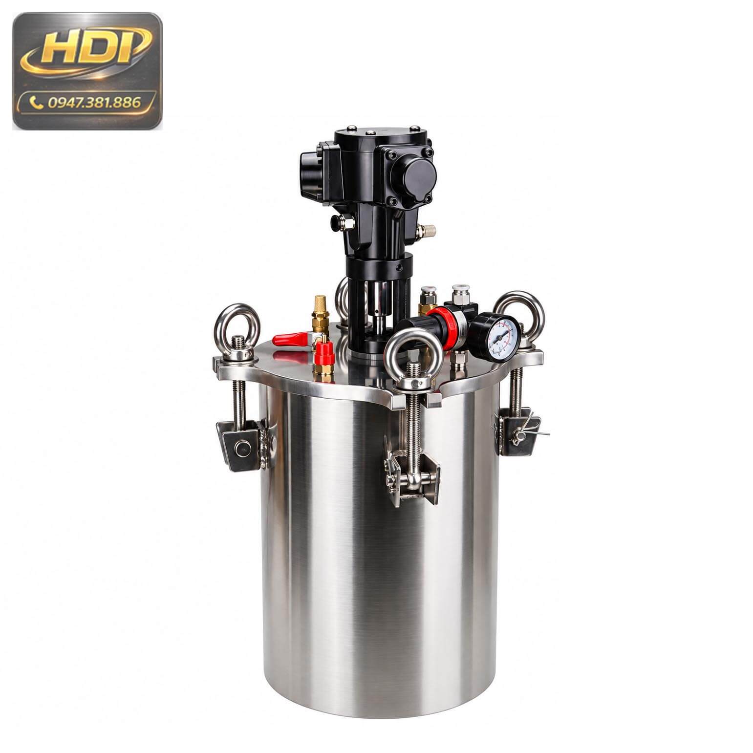 Thùng khuấy trộn áp suất inox 304 có mô tơ khuấy khí nén, đồng hồ áp suất và hệ thống van điều chỉnh