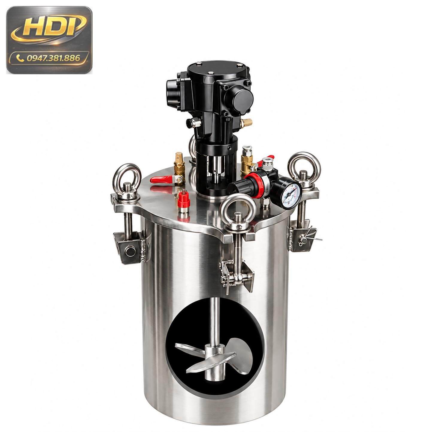 Thùng khuấy trộn keo bằng khí nén inox 304 có cánh khuấy bên trong, phục vụ khuấy trộn và cấp dung dịch công nghiệp